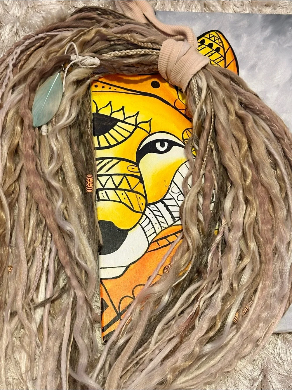 Boho Blonde Synthetic Dreadlock Hairpiece with Beads & Feathers - Picture 8 of 17